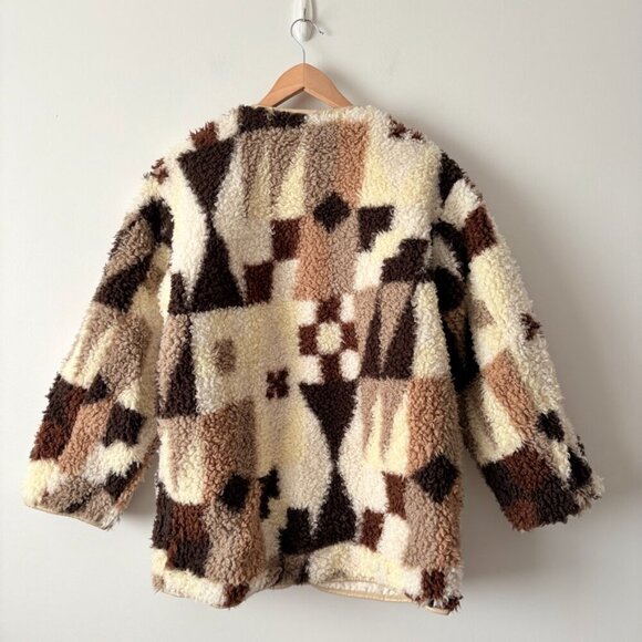 Aritzia Wilfred Free River Faux Sherpa Teddy Jacket Geometric Brown Cream XS - Picture 8 of 10